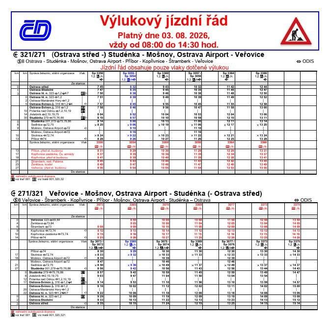 Upozorňujeme na krátkodobou výluku na železniční trati v úseku Příbor – Veřovice / Štramberk, která proběhne:   📅 Kdy: pondělí 03. 08. 2026   ⏰ Čas: od 08:00 do 14:30 hod.   Opatření pro cestující:   🚌 Všechny vlaky budou v tomto úseku nahrazeny náhradní autobusovou dopravou.   📍 Výstupní a nástupní zastávka náhradní autobusové dopravy v naší obci je „Ženklava, kostel“.   Výlukový jízdní řád se spojeními najdete v příloze.