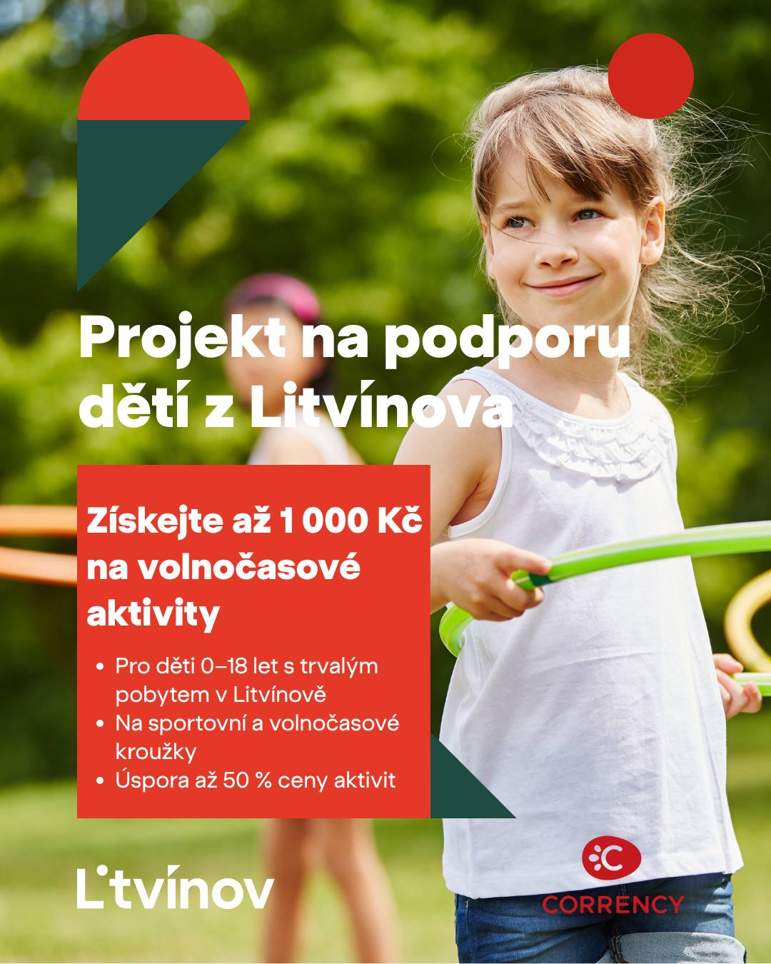 Město Litvínov na svém území spouští unikátní projekt Corrency zaměřený na podporu sportovních a volnočasových aktivit dětí.   Hlavními cíli jsou finančně podpořit rodiny z Litvínova, a zároveň povzbudit místní děti k účasti na sportovních a volnočasových aktivitách.   Město vyčlenilo 1 235 000 Kč na podporu těchto rodin, které budou rovnoměrně rozděleny mezi všechny zaregistrované děti ve věku 0–18 let s trvalým pobytem ve městě Litvínov. Ti je budou moci uplatnit u registrovaných provozovatelů nabízející volnočasové aktivity na území města Litvínova.   Díky projektu Corrency získá každý zaregistrovaný občan ve věku 0-18 let skrz svého zákonného zástupce na svůj účet celkem 1 000 Kč ve formě Correntů. Tento finanční dar umožňuje rodinám ušetřit až 50 % nákladů při placení za vybrané aktivity pro děti.   ✅ Correnty lze využít například na: - pravidelné, opakující se aktivity, jako jsou volnočasové kroužky nebo aktivity, které rozvíjejí sportovní, umělecké a tvůrčí schopnosti dítěte   ❌ Finanční podporu není možné využít na úhradu táborů.     📝Kdo se může přihlásit:   👧🏻👦🏻Občané: Občan, ve věku 0-18 let s trvalým pobytem ve městě Litvínov.   🫱🏻🫲🏻Obchodníci splňující tato kritéria: ➡️jsou malým nebo středním podnikem ve smyslu doporučení Evropské komise č. 2003/361/ES ze dne 6. května 2003 (osoba samostatně výdělečně činná, nebo právnická osoba), nebo neziskovou či příspěvkovou organizací, spolkem nebo jinou osobou, ➡️ mají místo podnikání a/nebo sídlo a/nebo provozovnu a/nebo pobočku a/nebo pracoviště a/nebo oddíl na území Obce a který současně vykonává svou činnost, a/nebo poskytuje služby a/nebo poskytuje volnočasové či jiné zájmové aktivity a/nebo prodává zboží na území Obce. 📅 V průběhu srpna proběhne také informační setkání pro organizace, které mají zájem se do projektu zapojit. Představen bude postup registrace do systému i způsob vyúčtování plateb.   Veškeré informace naleznete na: https://litvinov.corrency.cz/deti/