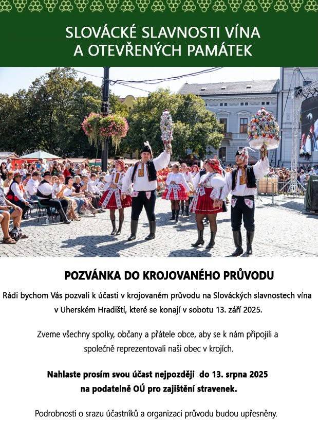 Zveme všechny spolky, občany a přátele obce, aby se k nám připojili a společně reprezentovali naši obec v krojích.