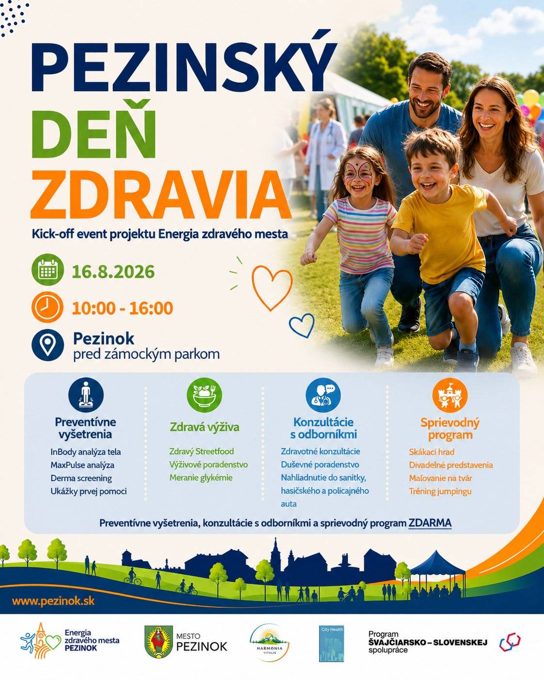 Prevencia, pohyb, odborné poradenstvo aj zábava na jednom mieste. 😊 V nedeľu 16. augusta 2026 od 10.00 do 16.00 hod. vás pozývame pred Zámocký park v Pezinku, kde sa uskutoční Pezinský deň zdravia. Počas celého dňa budú bezplatne k dispozícii preventívne vyšetrenia a merania, ako sú InBody analýza tela, MaxPulse analýza, derma screening či meranie glykémie. Chýbať nebude ani výživové, zdravotné a duševné poradenstvo či ochutnávka zdravého streetfoodu. 🍎 Tešiť sa môžete aj na ukážky prvej pomoci, prezentáciu práce záchranných zložiek a možnosť prezrieť si zblízka sanitku, hasičské aj policajné vozidlá. 🚑🚒🚓 Na deti čaká skákací hrad, maľovanie na tvár, divadelné predstavenie a množstvo ďalších aktivít. 🎨🤸 🗓️ Program na pódiu: 🟢 10.00 – Tréning jumpingu ➡️ Prihlásiť sa môžete vopred u Kataríny Bohušovej na tel. č. 0915 728 651. 🎤 14.30 – Spievanie s Aničkou 🎭 16.00 – Divadlo Na hojdačke: KoloBEH vody 🎉 Vstup na podujatie aj všetky preventívne vyšetrenia a odborné konzultácie sú bezplatné. Tešíme sa na vás! 💚 Podujatie je financované v rámci Švajčiarsko-slovenského programu Zdravie.