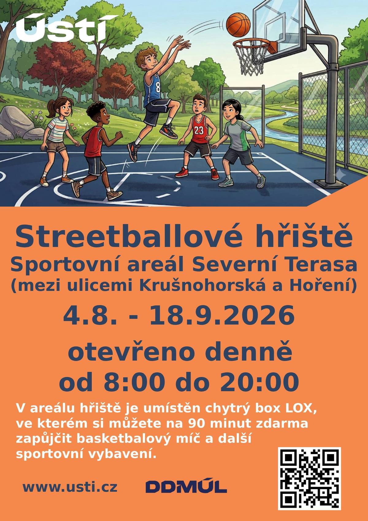 Sportovní nadšenci, zbystřete!  Už dnes bude ve sportovním areálu na Severní Terase mezi ulicemi Krušnohorská a Hoření instalován profesionální streetballový kurt.  Pro veřejnost se otevře od 4. srpna do 18. září 2026 a k dispozici bude každý den od 8:00 do 20:00 hodin. Nemáte vlastní basketbalový míč? Žádný problém! Přímo v areálu najdete chytrý box LOX, ze kterého si míč a další sportovní vybavení můžete zdarma zapůjčit až na 90 minut.
