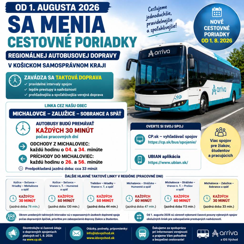 Od 1. augusta 2026 vstupujú do platnosti nové cestovné poriadky regionálnej autobusovej dopravy v Košickom samosprávnom kraji.