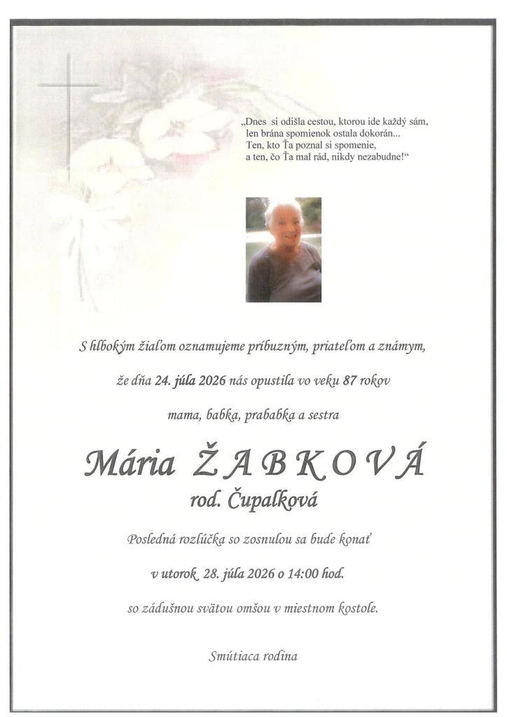 Mária Žabková, rod. Čupalková