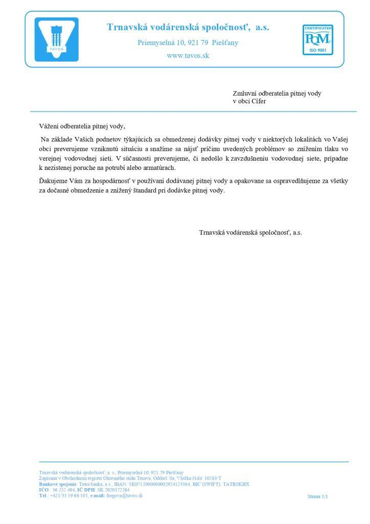 Oznam Trnavská vodárenská spoločnosť