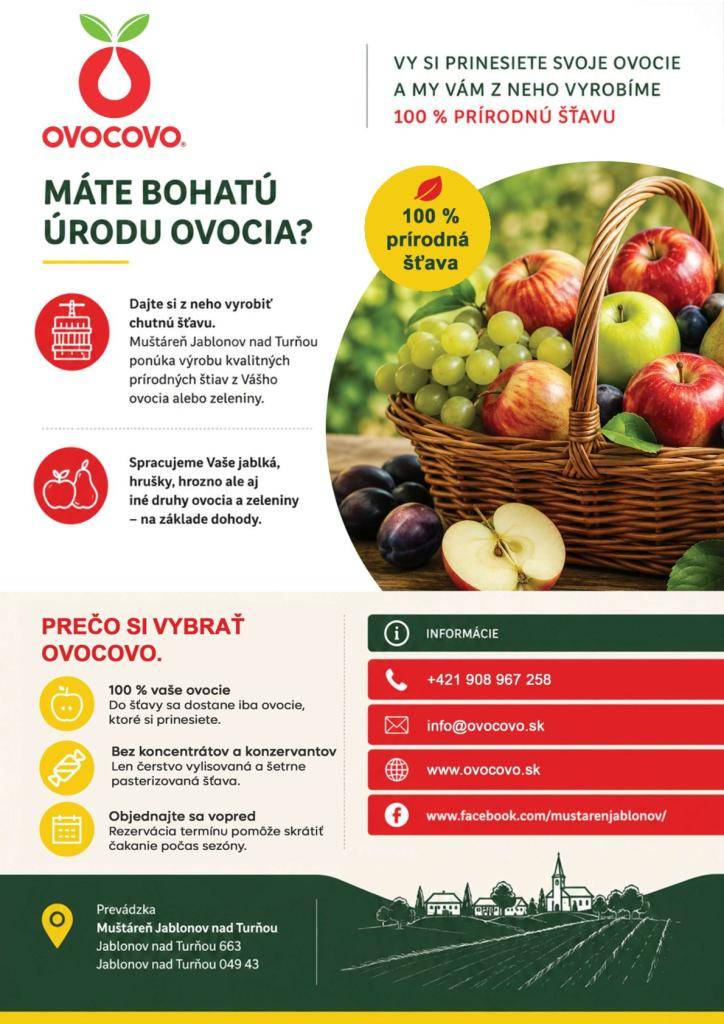 Aj tento rok ponúkajú OVOCOVO možnosť využiť služby muštovania – spracovanie ovocia pestovateľov a výrobu kvalitných 100% prírodných štiav. Spracujú jablká, hrušky, hrozno a ďalšie druhy ovocia a zeleniny.
