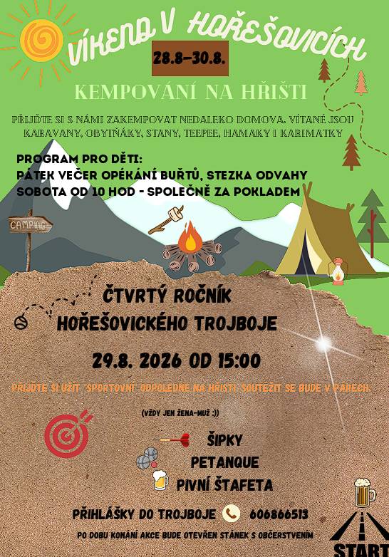 Přijďte zakončit letní prázdniny kempováním na hřišti a čtvrtým ročníkem Hořešovického troboje.