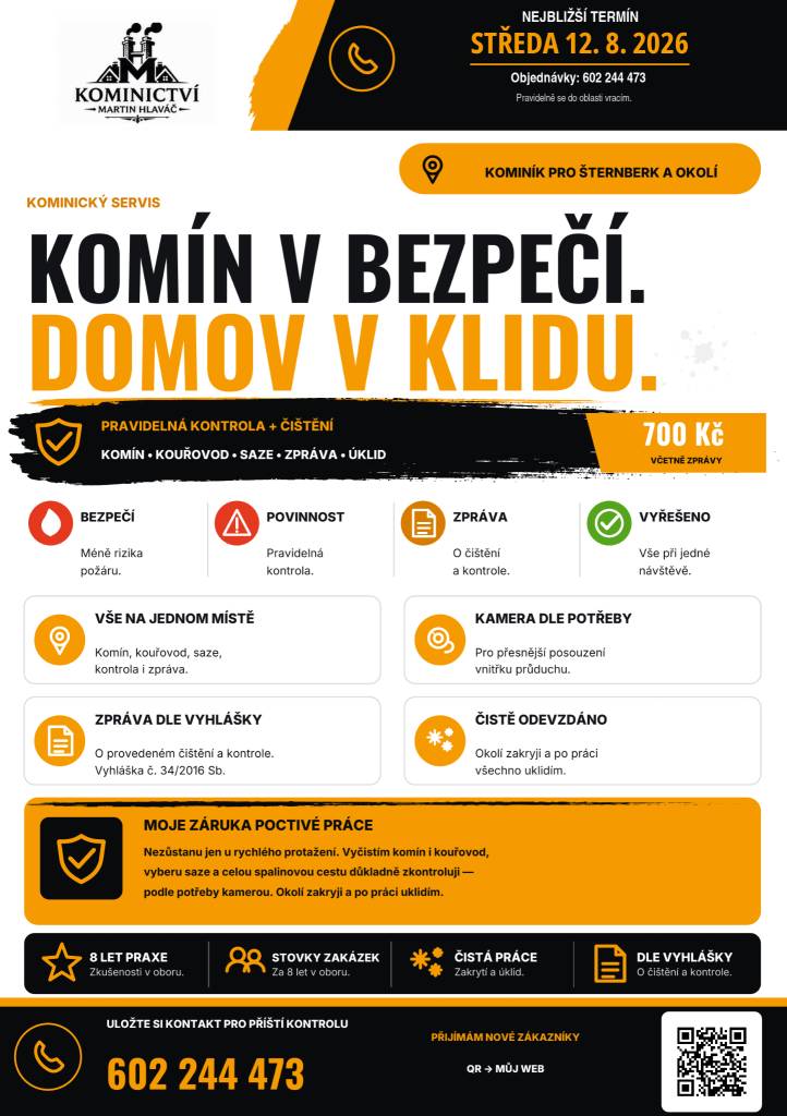 Nabízí pravidelnou kontrolu a čištění za cenu 700Kč.  Objednejte si svůj termín telefonicky 602 244 473