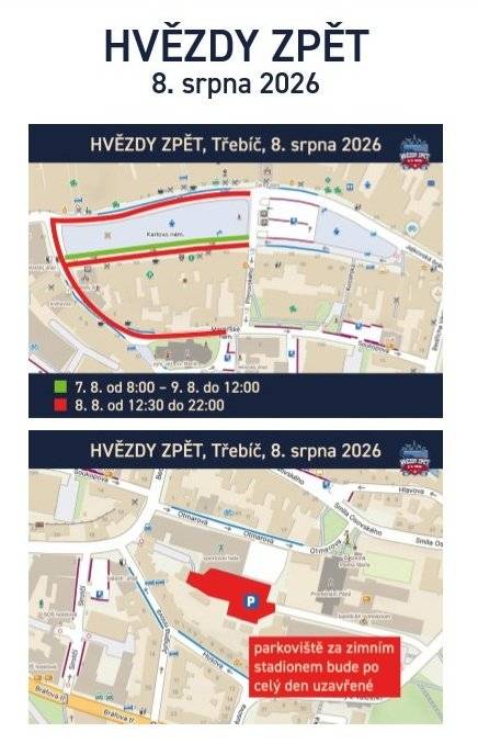 🚗🚌 Doprava a parkování v sobotu 8. srpna - akce Otevření zimáku v Třebíči - Hvězdy zpět ⭕️Uzavírka - Karlovo náměstí - viz mapka  ⭕️Uzavírka - parkoviště za zimním stadionem 📍Třebíčákům doporučujeme přijet městskou dopravou, parkování v centru bude pravděpodobně složitější.  📍Přespolním doporučujeme se do Třebíče dopravit autobusem nebo vlakem, nebo odstavit auto na bezplatném parkovišti v ulici 🅿️Hrotovická https://mapy.com/s/mucunupavo případně na placených parkovištích:  🅿️parkovací dům u Nemocnice https://mapy.com/s/gafemolano  🅿️parkoviště Komenského nám. https://mapy.com/s/govusekobe  🅿️autobusové nádraží https://mapy.com/s/bosonusona  🅿️Karlovo náměstí https://mapy.com/s/huhojudese  případně na dalších veřejných parkovištích v Třebíči. Děkujeme za pochopení a těšíme se na Vás!
