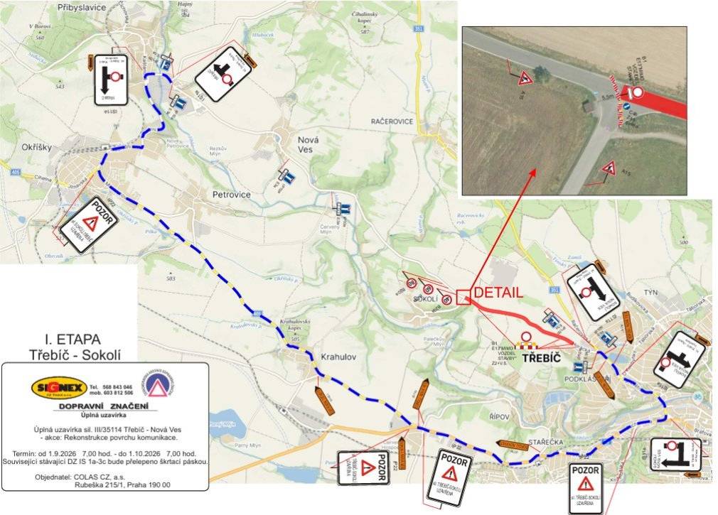 Vážení spoluobčané, dostaly se k nám první informace ohledně uzavírky silnice na Třebíč. Termín: I. Etapa Třebíč - Sokolí: od 1.9.2026 7,00 hod. - do 1.10.2026  7,00 hod. II. Etapa Sokolí – Nová Ves: od 1.10.2026 7,00 hod. - do 30.11.2026 20,00 hod. Objízdná trasa povede přes Přibyslavice, Okříšky, Krahulov, Třebíč. Trasy s objížďkou viz obrázky. Podrobnosti ohledně autobusů zjišťujeme, jak budeme vědět další informace, budeme vás informovat.