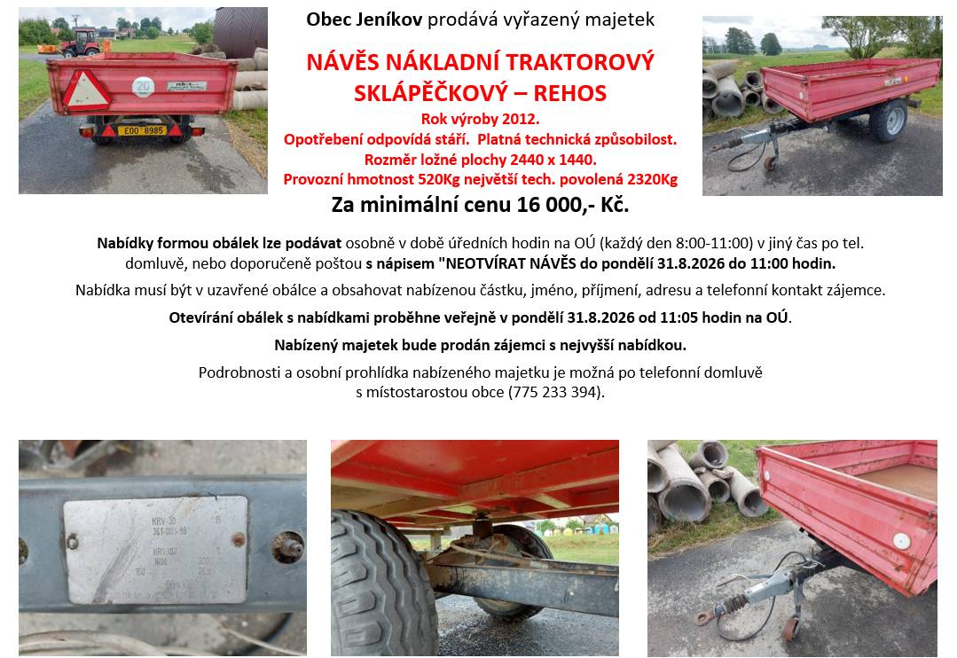 Obec Jeníkov dále prodává vyřazený TRAKTOROVÝ, SKLÁPĚČKOVÝ NÁVĚS – REHOS.