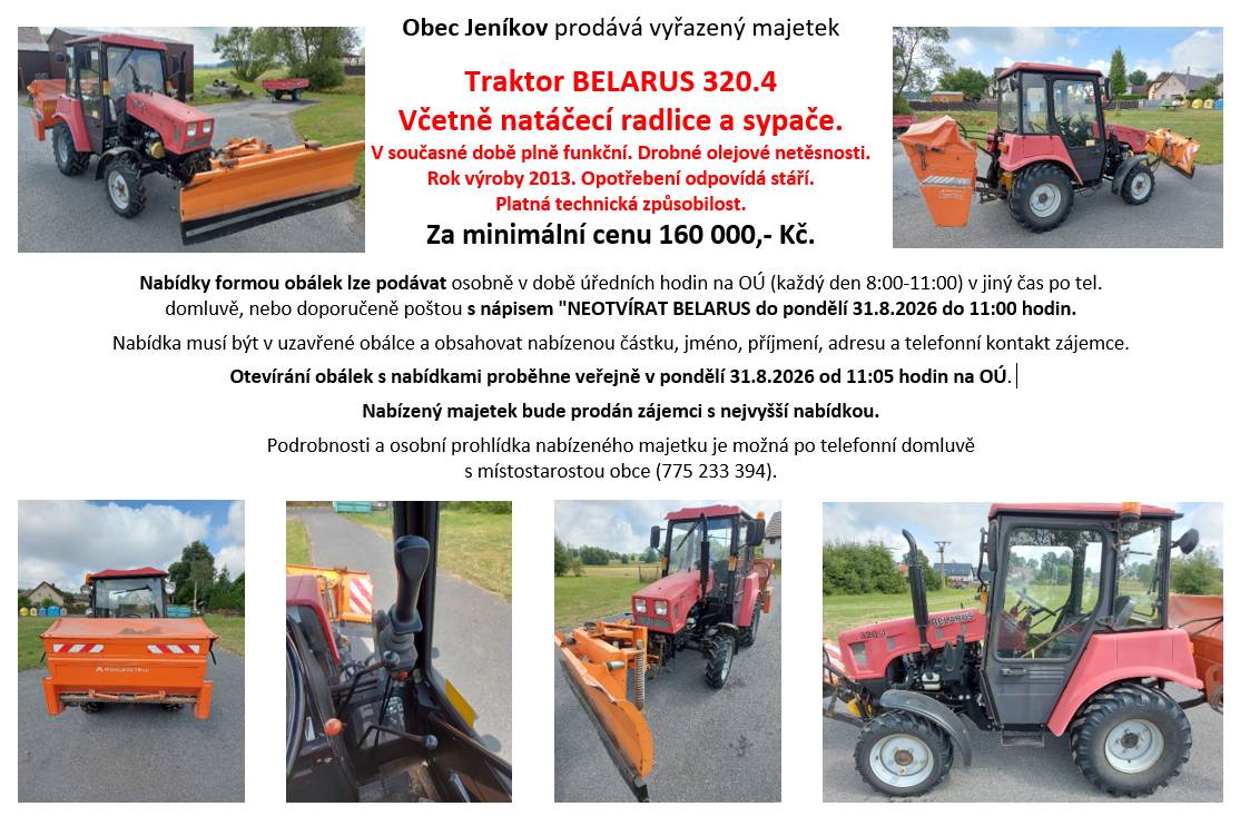 Obec Jeníkov prodává vyřazený traktor BELARUS s příslušenstvím