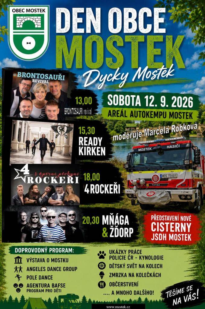 Obec Mostek Vás zve na tradiční den obce v sobotu 12. 9. 2026 od 13 hodin v areálu autokempu Mostek.