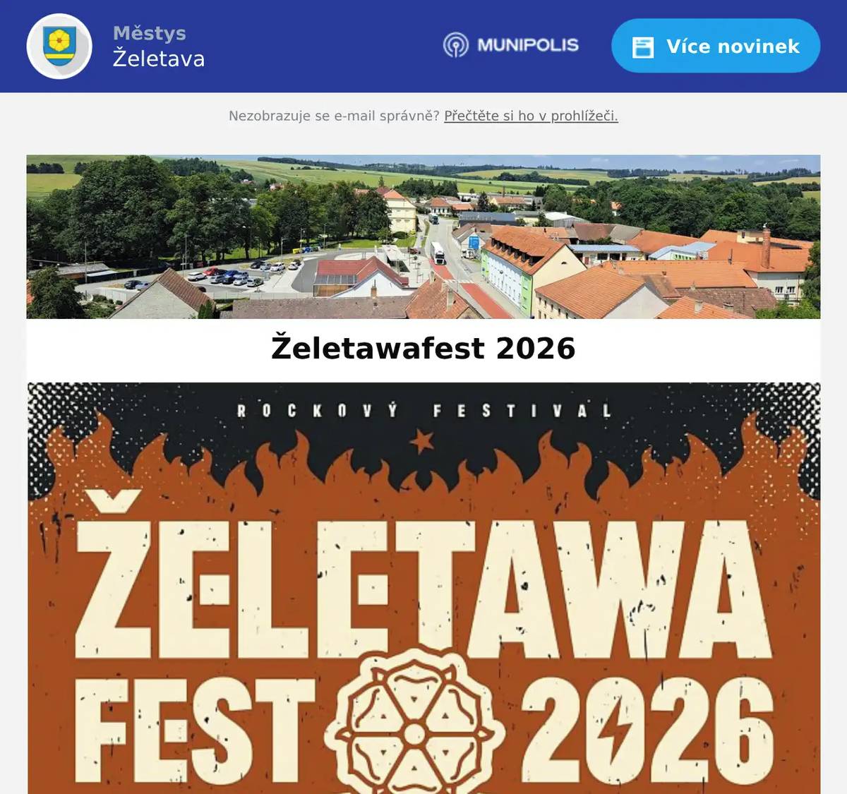Lístky v prodeji v síti GoOut na odkazu ŽELETAWAFEST 2026 nebo na ÚM Želetava v pracovní době úřadu. Cena 400 Kč.