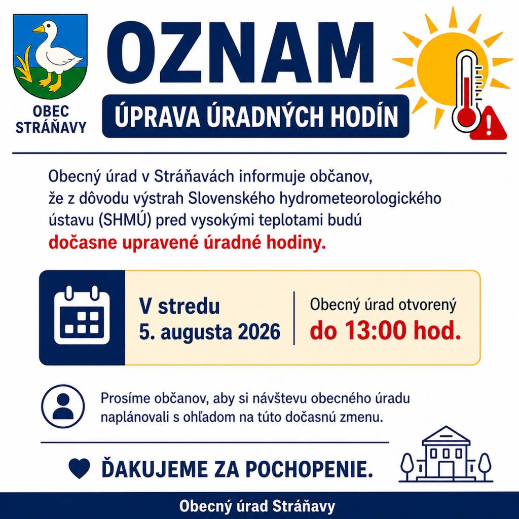 Obecný úrad v Stráňavách informuje občanov, že z dôvodu výstrah Slovenského hydrometeorologického ústavu (SHMÚ) pred vysokými teplotami budú dočasne upravené úradné hodiny.    V stredu 5. augusta 2026 bude Obecný úrad otvorený do 13:00 hod.