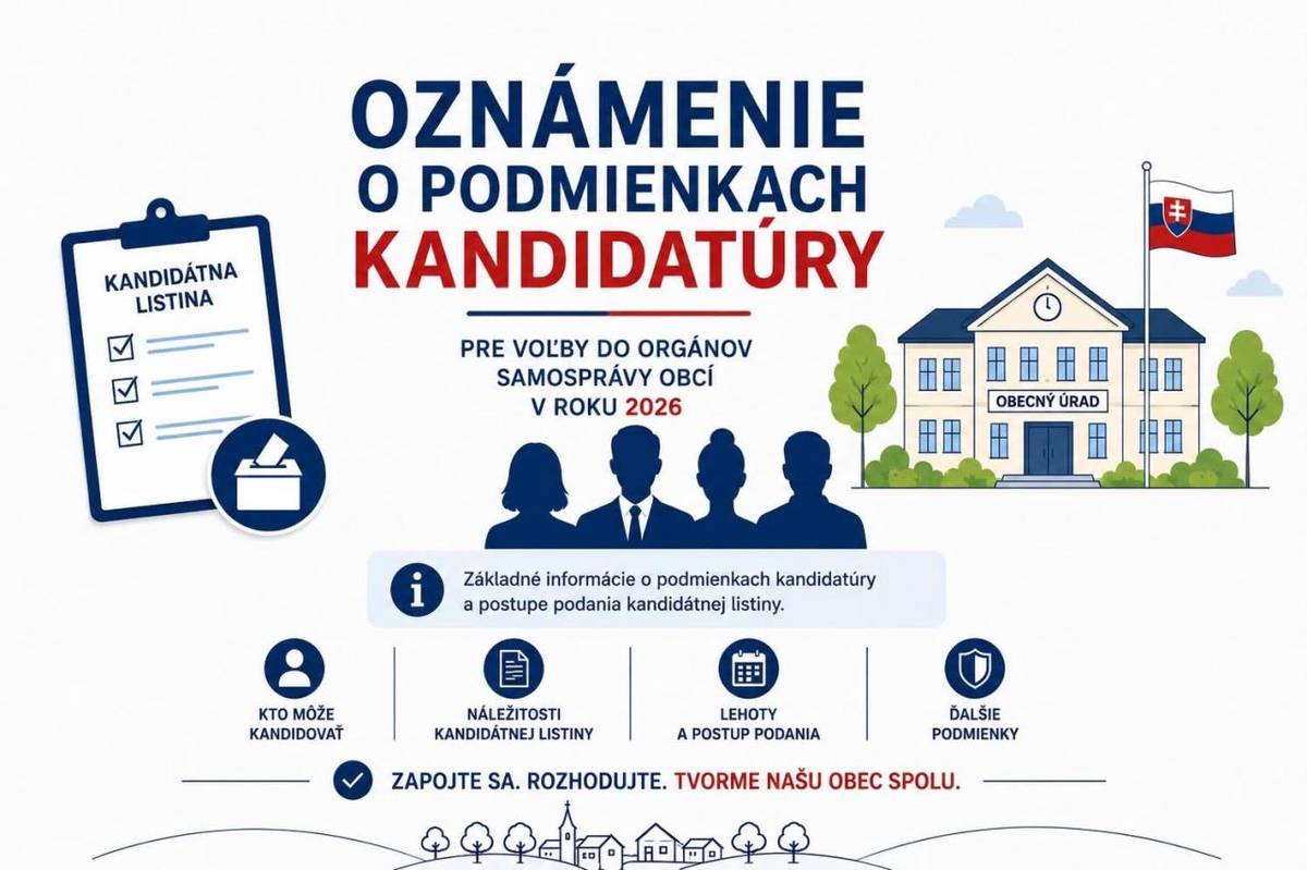 Obec Ružindol informuje záujemcov o kandidatúru pre voľby do orgánov samosprávy obcí, ktoré sa uskutočnia v sobotu 24. októbra 2026, o dôležitých termínoch a podmienkach podávania kandidátnych listín.