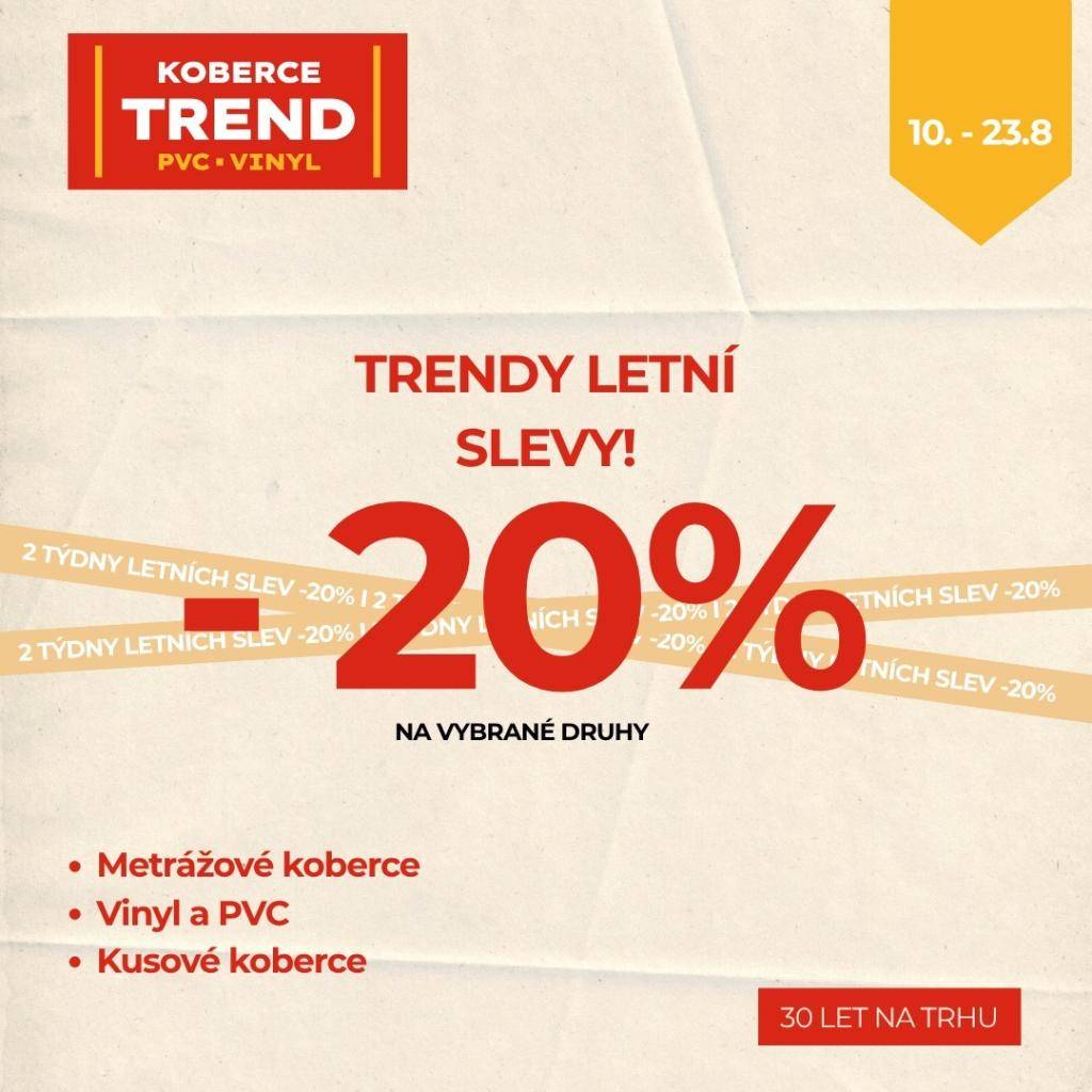 Prodejna Žďár nad Sázavou vás zve na SRPNOVÉ SLEVY!  Získejte 20% slevu na vybrané metrážové a travní koberce, vinyl, PVC i kusové koberce.  Přijďte si vybrat výhodně a dopřejte svému domovu nový vzhled.  Těšíme se na vás od 10. do 23. srpna v prodejně Žďár nad Sázavou.