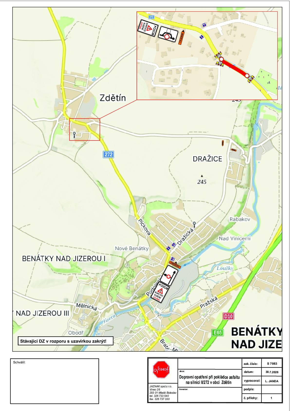 Vážení občané, v termínu 17. 8. - 21. 8. 2026 bude z důvodu stavebních prací zcela uzavřena silnice II/272 mezi Zdětíněm a Benátkami nad Jizerou. Přehledné vyznačení dopravního omezení naleznete v přiložené mapce. Informace o uzavírce jsou zveřejněny také na webových stránkách a na facebookovém profilu obce Zdětín.
