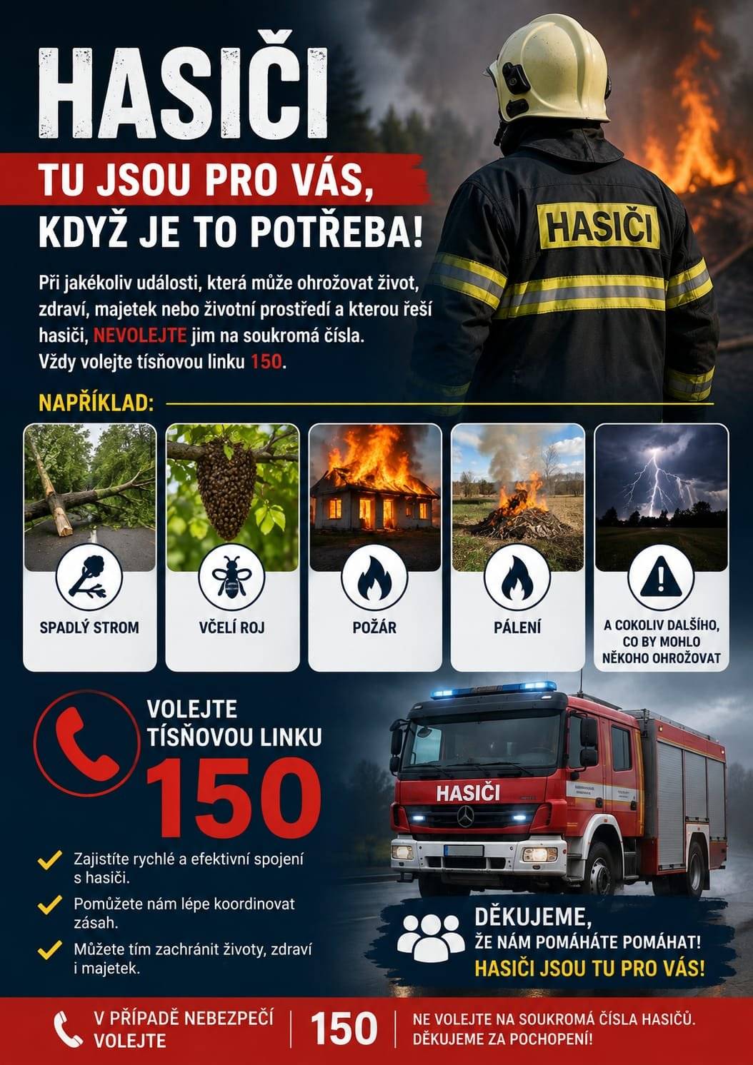 V nenadálých a nebezpečných situacích se prosím nebojte využít pomoc hasičů.  Operační hasičů vyzve v případě potřeby i naši jednotku. Děkuji