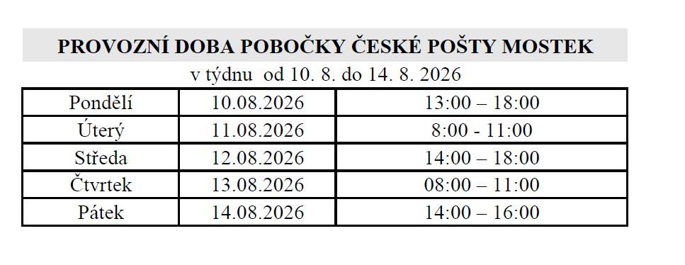 Pobočka České pošty v Mostku oznamuje, že bude z technických důvodů v týdnu od 10. 8. do 14. 8. 2026 dočasná změna provozní doby.