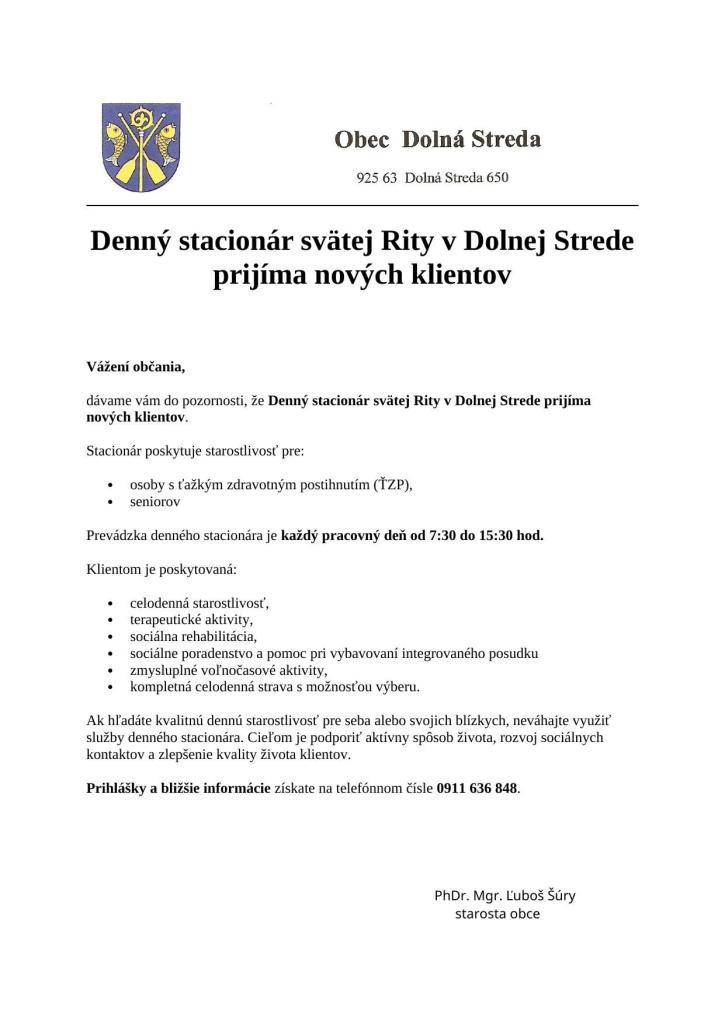 Denný stacionár svätej Rity v Dolnej Strede prijíma nových klientov