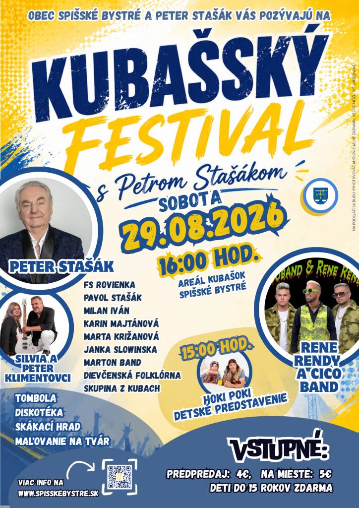 Obec Spišské Bystré a Peter Stašák Vás pozývajú na 28. ročník Kubašského festivalu s Petrom Stašákom.