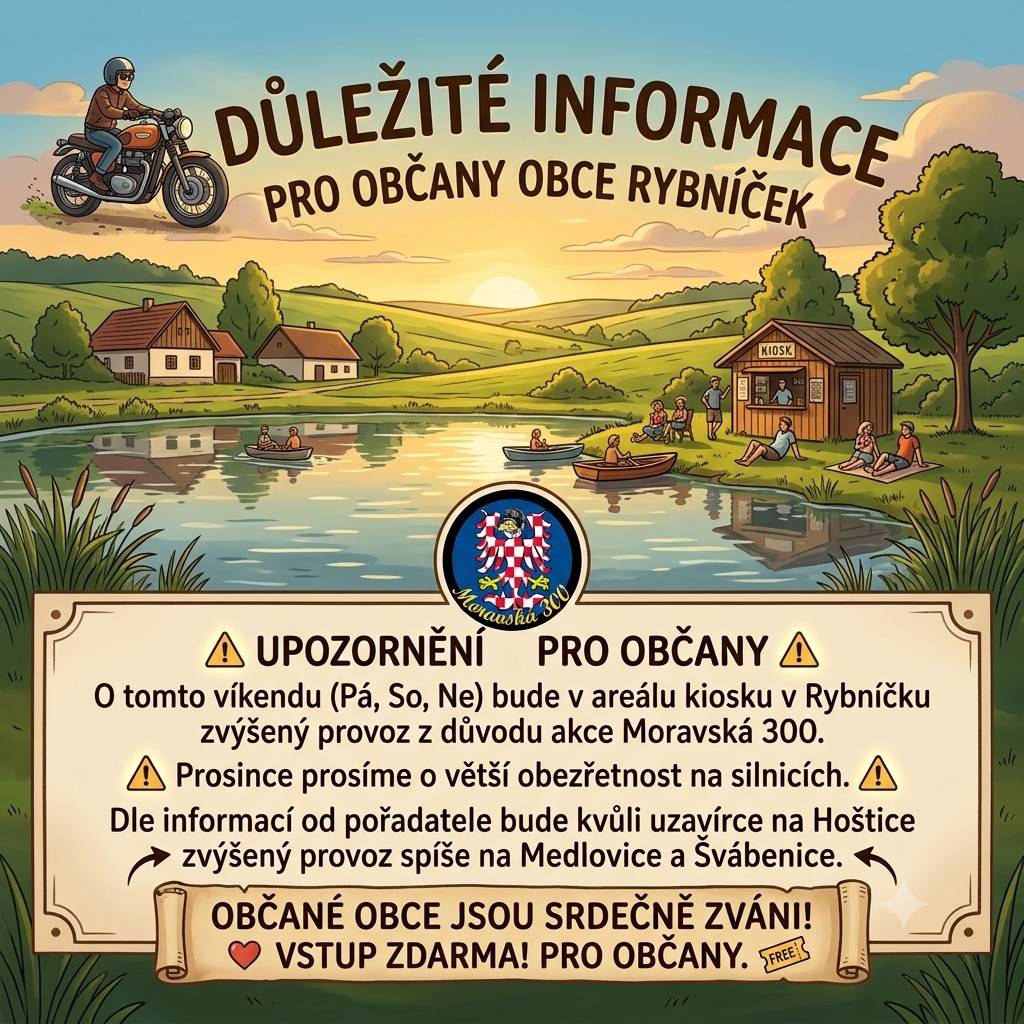 Vážení občané, o nadcházejícím víkendu (pátek až neděle) počítejte v areálu kiosku v Rybníčku a na silnicích směrem na Medlovice a Švábenice se zvýšeným provozem z důvodu konání akce Moravská 300, na kterou jste zároveň všichni srdečně zváni se vstupem zdarma!
