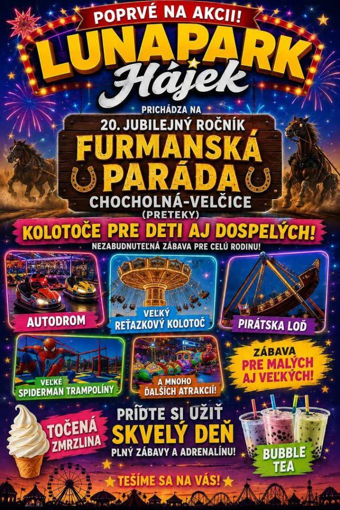 V sobotu 8. augusta 2026 srdečne pozývame aj do lunaparku!  Lunapark Hájek pozýva... už túto sobotu 8. augusta 2026 to bude poriadna jazda! ????