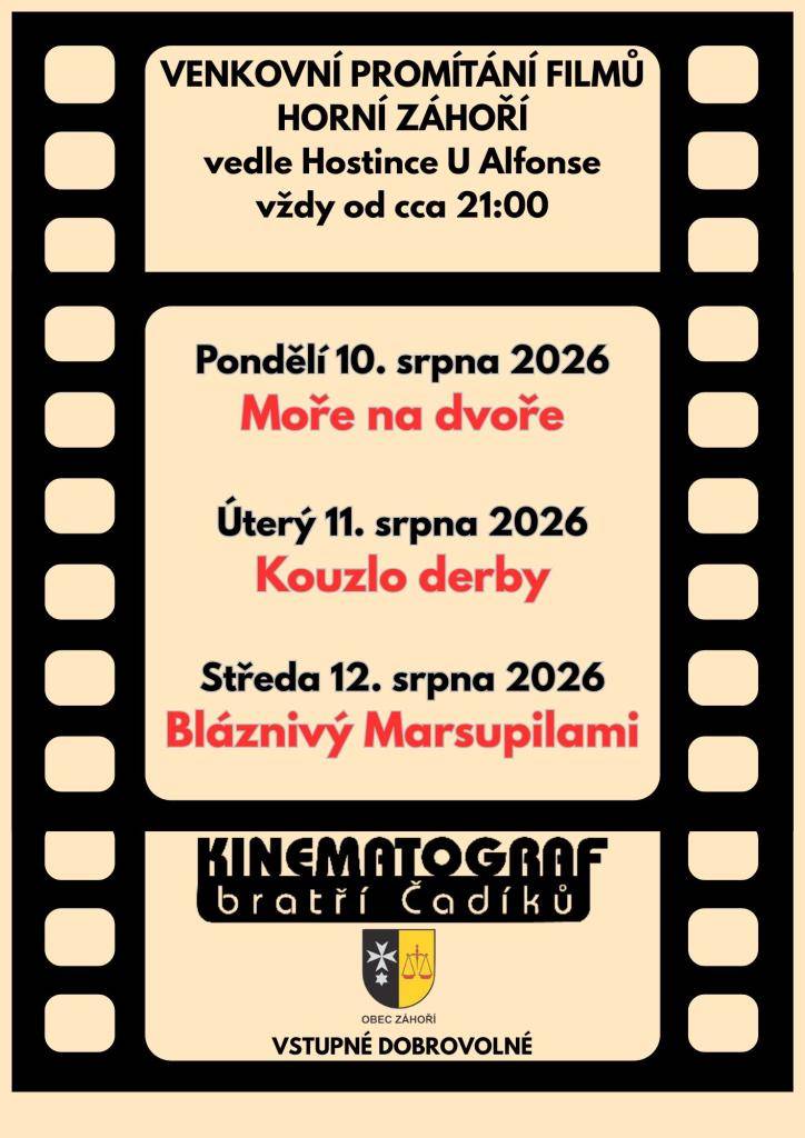Přijďte si užít skvělou atmosféru a sdílet filmové zážitky pod širým nebem!  Vedle Hostince U Alfonse v Horním Záhoří.