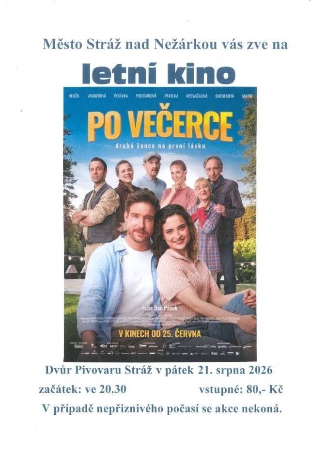 V pátek 21. srpna 2026 od 20.30 hodin se bude v pivovarském dvoře promítat český film Po večerce. V případě špatného počasí se promítat nebude.