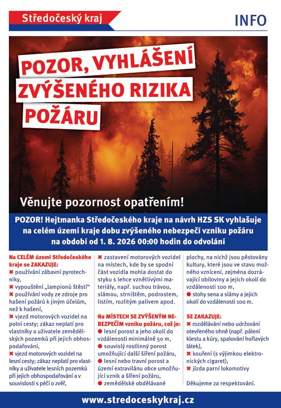 Vážení sousedé, chtěli bychom Vás informovat, že vzhledem ke klimatickým podmínkám a na návrh Hasičského záchranného sboru Středočeského kraje na vyhlášení období zvýšeného nebezpečí vzniku požáru, vyhlásila hejtmanka v souladu s čl. 2 Nařízení Středočeského kraje č. 1/20025 na období od 01. 08. 2026 00:00 hodin do odvolání „dobu zvýšeného nebezpečí vzniku požáru na celé území kraje". Více informací naleznete na stránkách městyse Riziko požáru Děkujeme za obezřetnost! městys Karlštej