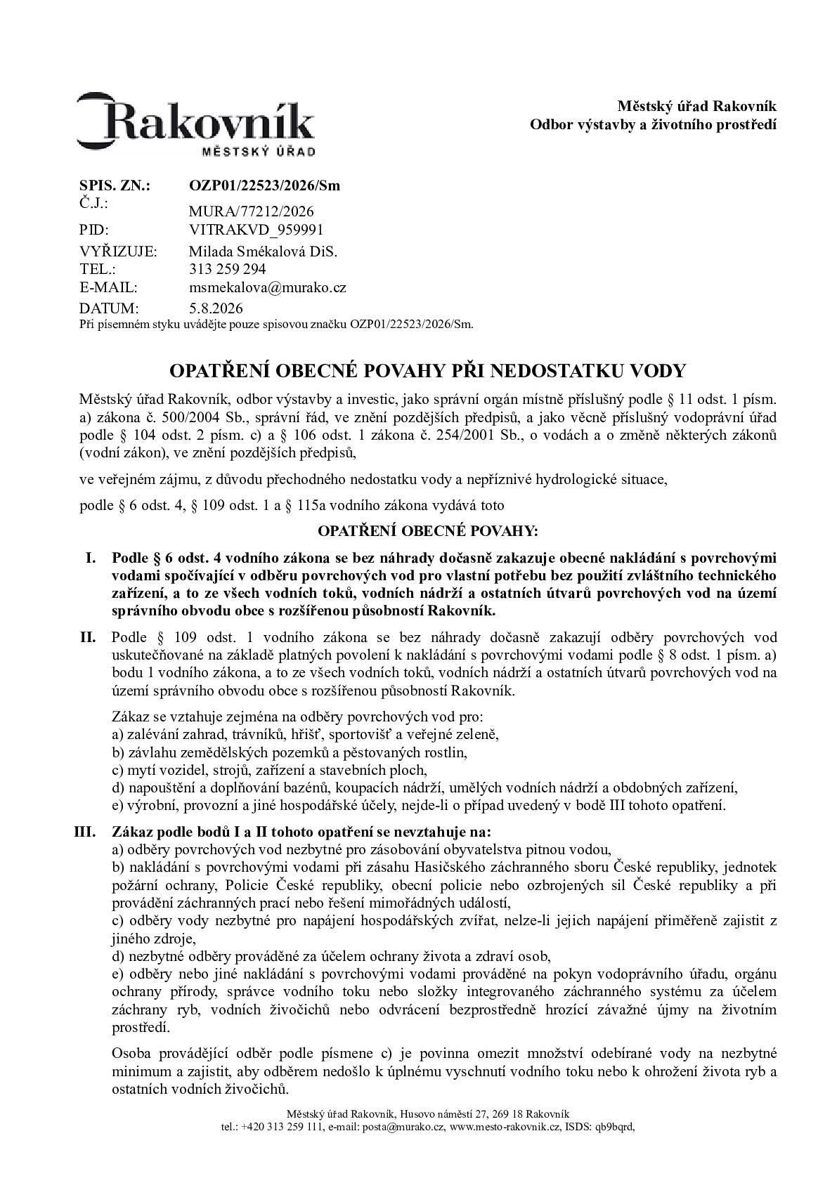Opatření obecné povahy při nedostatku vody - platné pro celé území správního obvodu Rakovník