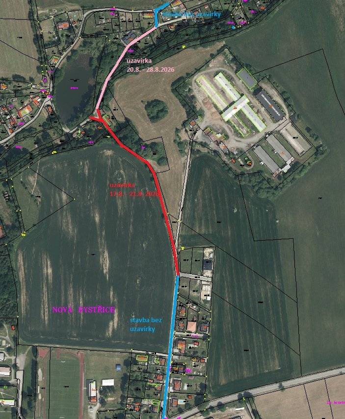 Upozornění občanům: V souvislosti se stavbou „N. Bystřice, rekonstrukce – VN, TS + optika“ budou od 10. 8. do 9. 10. 2026 probíhat stavební práce v ulici Na Zátiší, ve směru na Ovčárnu na rozcestí u křížku a dále vpravo podél Ovčárenského rybníka k navazující komunikaci. Z důvodu realizace stavby bude komunikace uzavřena po etapách:  17. 8. – 21. 8. 2026 v úseku od rozdělení komunikace (odbočení k „teletníku“) k rozcestí u křížku na Ovčárně, 20. 8. – 28. 8. 2026 v úseku od rozcestí u křížku na Ovčárně podél Ovčárenského rybníka vpravo k navazující komunikaci.  Prosíme občany o respektování přechodného dopravního značení a zvýšenou opatrnost. Děkujeme za pochopení.