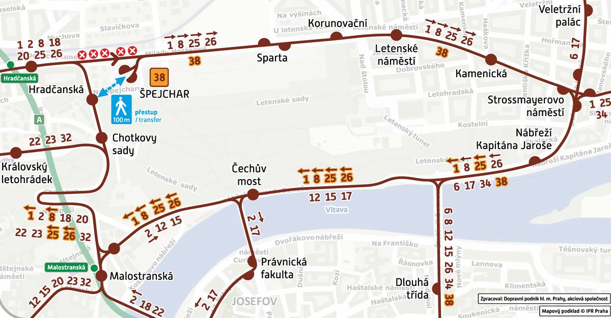 Vážení sousedé, upozorňujeme na několik dopravních omezení v následujících dnech. pátek 7. srpna | koncert Marka Ztraceného Páteční koncert je plánován do 22. hodiny. Před začátkem koncertu (16–19 h) bude zřízena tramvajová linka 44, po skončení koncertu bude posíleno metro A. Omezení vjezdu a výjezdu do/z garáží Letná se nepředpokládá. Více zde. sobota 8. srpna | pochod hrdosti a festival Prague Pride na Štvanici Průvod z Václavského náměstí na Štvanici začne ve 12 hodin, předpokládaný příchod na Štvanici nejpozději v 16 hodin. V čase cca 13.30–16.00 může dojít k dočasnému uzavření Hlávkova mostu směrem z centra. Sledujte prosím informační dopravní systém na magistrále a dopravní zpravodajství. Více zde. neděle 9. srpna | změna ve vedení linek 1, 25, 8, 26 ve směru z centra Z důvodu údržby tramvajové trati dochází v neděli 9. srpna 2026 od 7.00 do 17.00 k přerušení provozu tramvají v úseku Špejchar–Hradčanská, pouze v uvedeném směru. Linky 1 a 25 budou ve směru z centra vedeny přes zastávky Nábřeží Kapitána Jaroše, Malostranská, Chotkovy sady a Hradčanská (v ulici Badeniho). Linky 8 a 26 pojedou ve směru z centra přes zastávky Čechův most, Malostranská, Chotkovy sady a Hradčanská (v ulici Badeniho). Bude zavedena tramvajová linka 38 v trase Bílá labuť – Náměstí Republiky – Dlouhá třída – Strossmayerovo náměstí – Letenské náměstí – Špejchar. Schéma níže, více zde. Za případné nepříjemnosti se omlouváme.