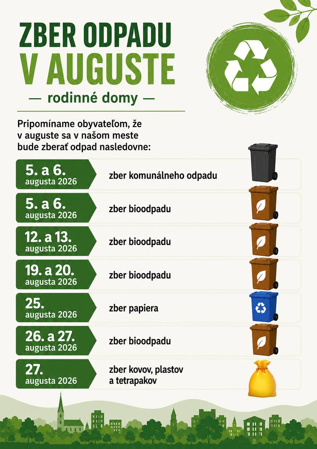 Pripomíname obyvateľom, že v auguste sa v našom meste bude zberať odpad nasledovne:       ✅BYTOVÉ DOMY s 1100 l nádobou na KO   5. a 6. augusta 2026: zber komunálneho odpadu    5. a 6. augusta 2026: zber bioodpadu    12. a 13. augusta 2026: zber bioodpadu    19. a 20. augusta 2026: zber komunálneho odpadu   19. a 20. augusta 2026: zber bioodpadu    25. augusta 2026: zber papiera    26. a 27. augusta 2026: zber bioodpadu    27. augusta 2026: zber kovov, plastov a tetrapakov       ✅RODINNÉ DOMY   5. a 6. augusta 2026: zber komunálneho odpadu    5. a 6. augusta 2026: zber bioodpadu    12. a 13. augusta 2026: zber bioodpadu    19. a 20. augusta 2026: zber bioodpadu    25. augusta 2026: zber papiera    26. a 27. augusta 2026: zber bioodpadu    27. augusta 2026: zber kovov, plastov a tetrapakov