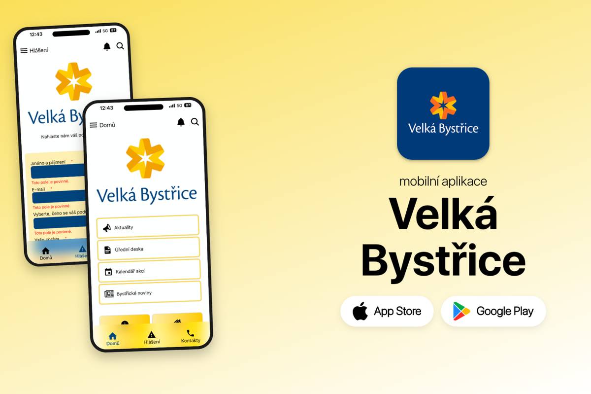 Mějte důležité informace z města vždy po ruce. Nová aplikace Velká Bystřice je nyní dostupná ke stažení pro Android i iPhone a přináší aktuální zprávy, upozornění i přehled dění ve městě.
