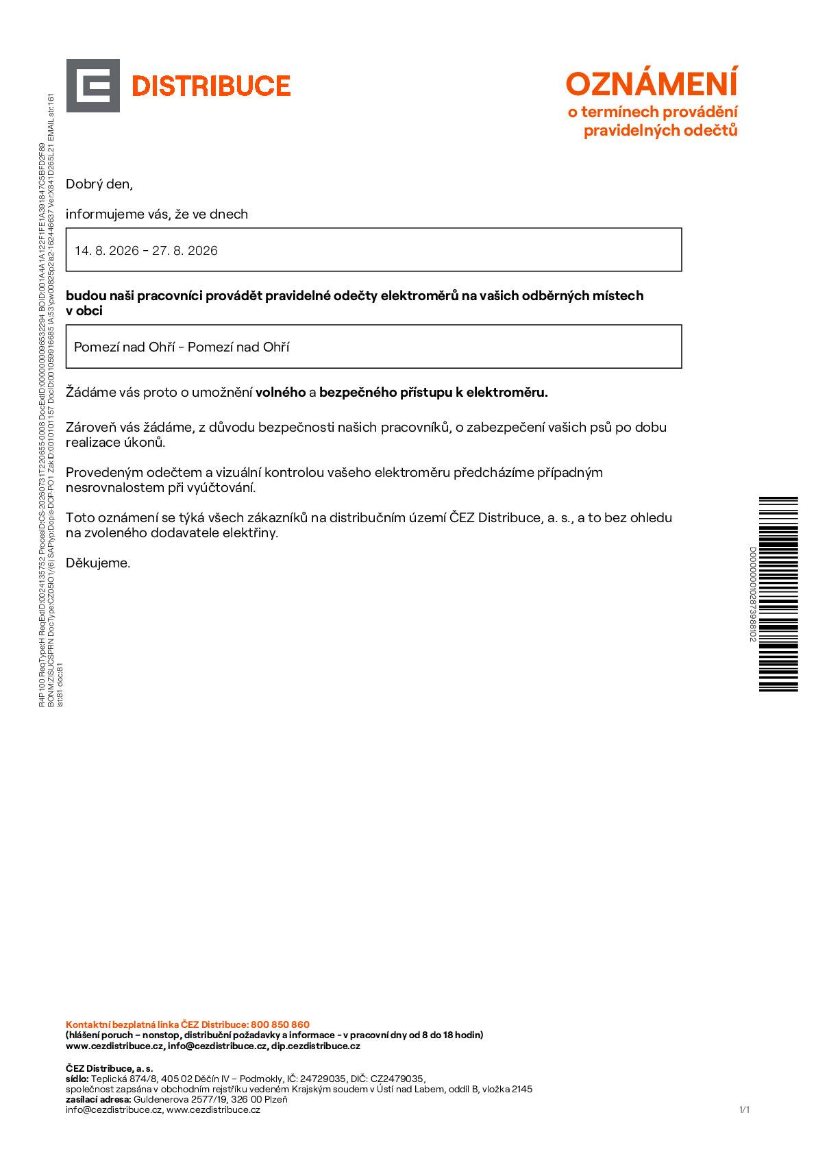 OZNÁMENÍ o termínech provádění pravidelných odečtů