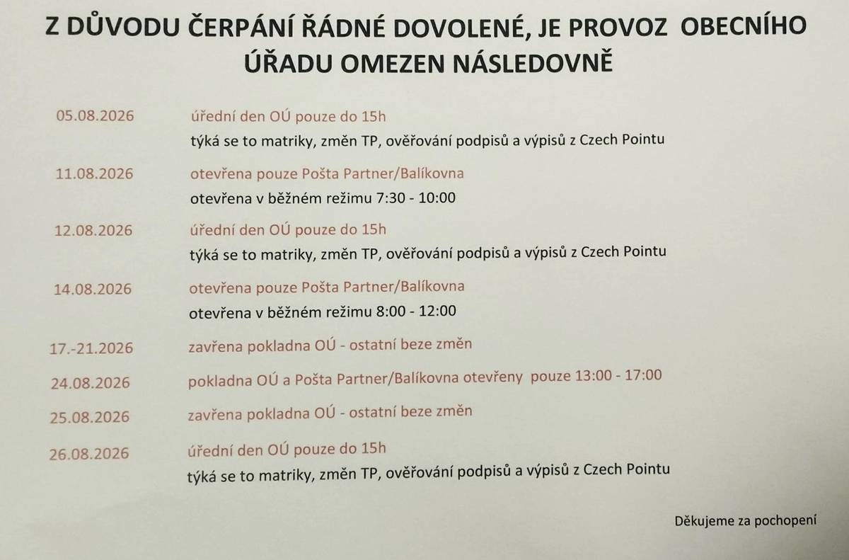 Z důvodu čerpání řádné dovolené bude v měsíci srpnu 2026 provoz obecního úřadu, zásilkové služby a Pošty Partner omezen následovně:  úterý 11.08. - OÚ a zásilkové služby ZAVŘENO, Pošta Partner a Balíkovna OTEVŘENO 7:30 - 10:00 středa 12.08. - OÚ úřední den do 15 hod (matrika, změna TP, ověřování podpisů a výpisů z Czech Pointu) pátek 14.08. - OÚ a zásilkové služby ZAVŘENO, Pošta Partner a Balíkovna OTEVŘENO 8:00 - 12:00 17. - 21.08. - pokladna OÚ ZAVŘENA, ostatní beze změn pondělí 24.08. - pokladna OÚ a Pošta Partner a Balíkovna OTEVŘENA  POUZE 13:00 - 17:00 úterý 25.08. - pokladna OÚ ZAVŘENA, ostatní beze změn středa 26.08. - OÚ úřední den do 15 hod (matrika, změna TP, ověřování podpisů a výpisů z Czech Pointu)  Děkujeme za pochopení.