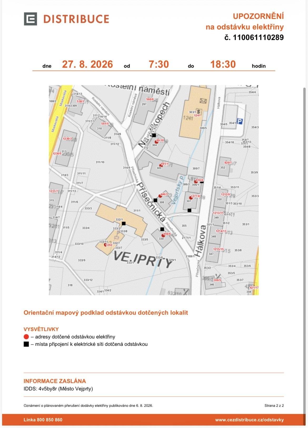 Upozornění na odstávku elektřiny v ul. Hálkova 810/6, 1277/8, Na příkopech 90/19 , Přísečnická 530/1, 446/3, 456/6 a 1292 , Vejprty.⚡️