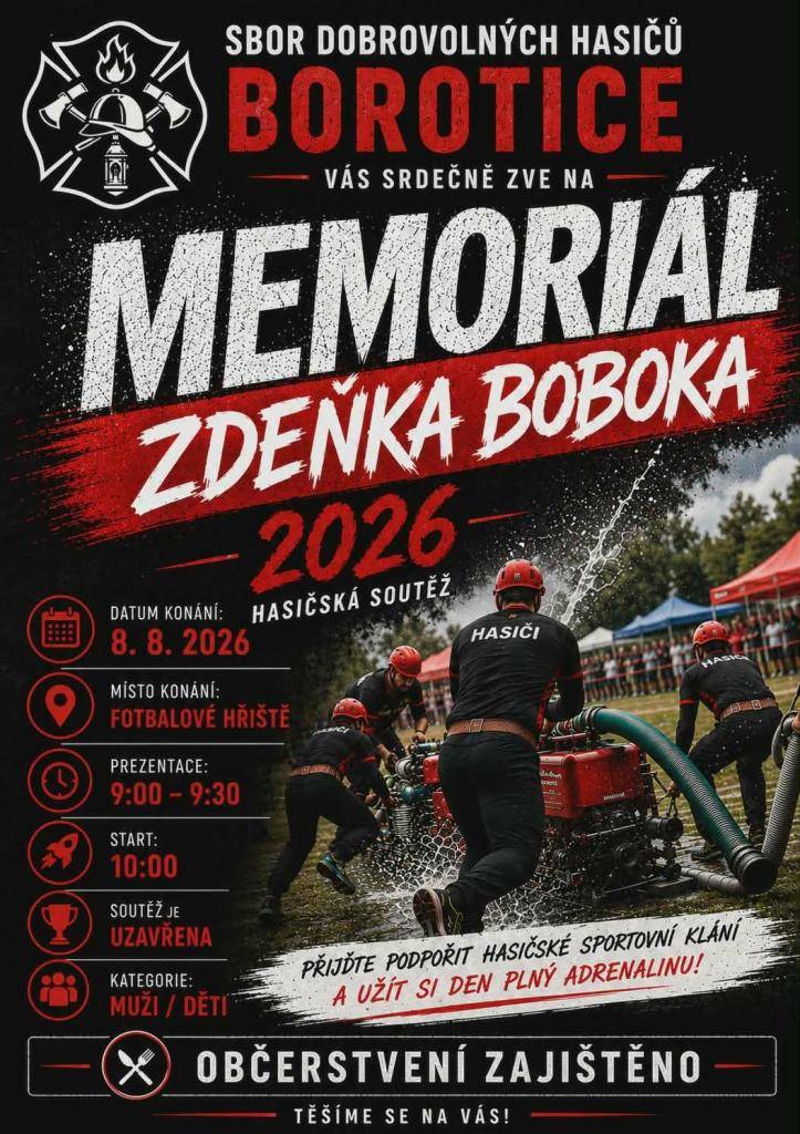Sbor dobrovolných hasičů zve všechny zájemce na tradiční hasičskou soutěž, která se uskuteční v sobotu 08.08.2026.