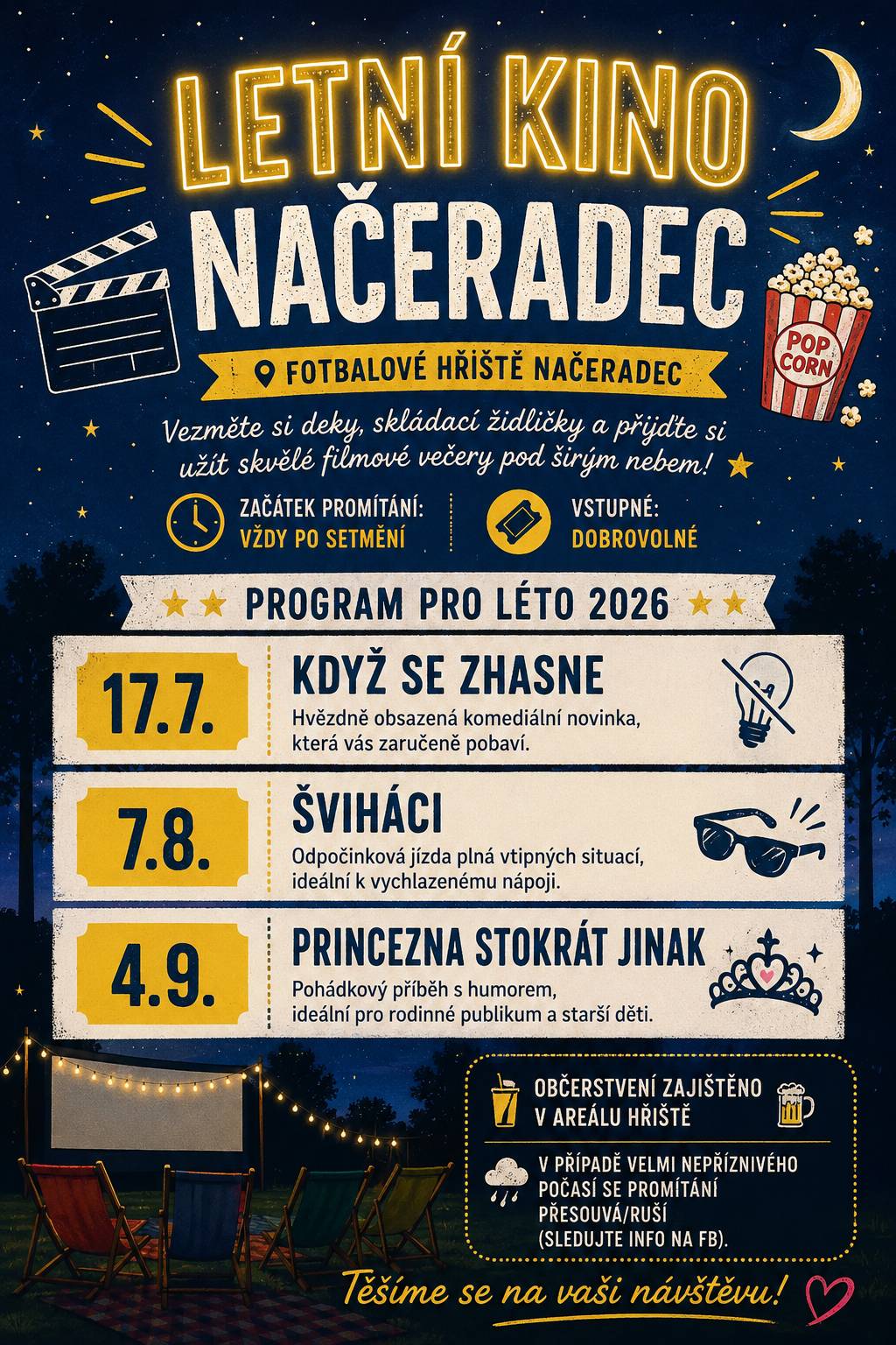 Městys Načeradec Vás zve na další LETNÍ KINO, dnes v pátek 7.8. po setmění, cca 21 hod, hřiště Načeradec. Hrajeme bláznivou českou komedii ŠVIHÁCI. Občerstvení zajištěno.