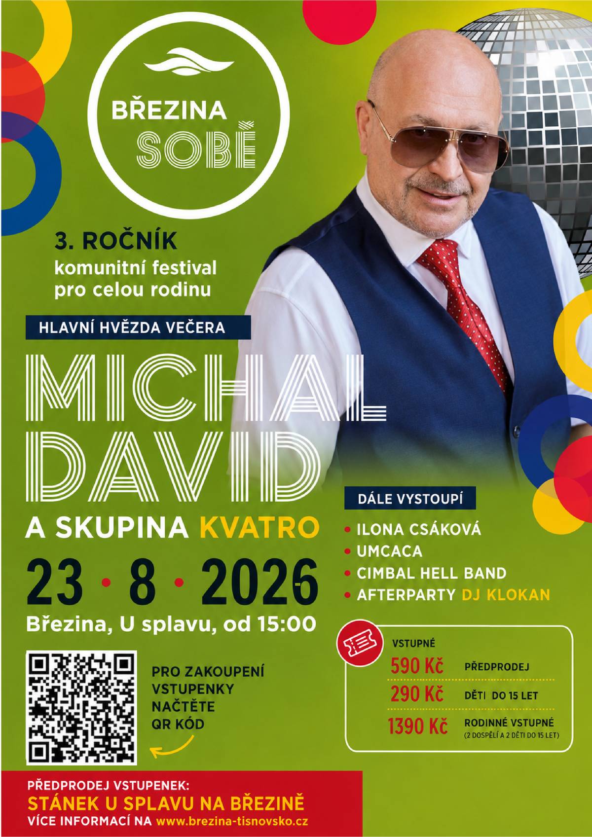 Březina  sobě zve na 3. ročník komunitního festivalu pro celou rodinu, který se uskuteční 23. srpna 2026 od 15.00 hodin v areálu U splavu v Březině.