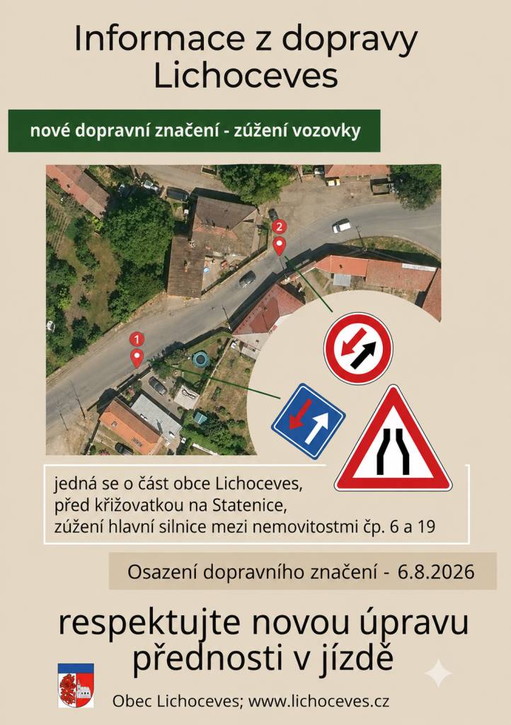 Změna dopravního značení v části obce Lichoceves - umístění značení - zúžení vozovky a přednost v jízdě.   Informace o očekávaných uzavírkách a nařízených objízdných trasách přes obec.