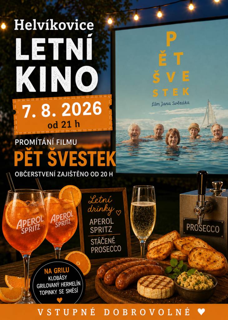 Zveme vás na letní kino v Helvíkovicích, které se koná v pátek 7.srpna 2026, otevřeno od 20h. Můžete se těšit na film "Pět Švestek", občerstvení bude zajištěno. Vstupné je dobrovolné, tak neváhejte přijít!