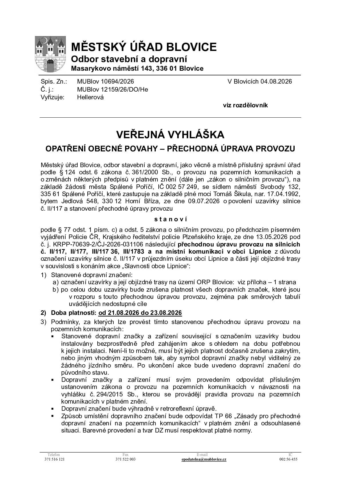 Uzavírka v Lipnici - trasa objezdu přes Borovno  Doba platnosti: od 21.08.2026 do 23.08.2026