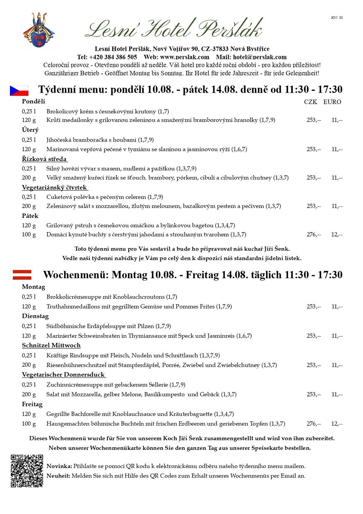 Vážení hosté, včera, ve čtvrtek 06.08.2026 přišlo krásné ochlazení, v podobě bouřek, deště a nižších teplot. Toto osvěžující počasí brzy předá vládu opět tropickému teplu. Na stránkách www.vianorelia.eu naleznete vždy nějakou akci, která Vás zaujme natolik, že Vám bude jedno, jaké je zrovna počasí. A pokud náhodou nebude vyvolená akce v brzké době, můžete si čekání zpříjemnit návštěvou Lesního Hotelu Peršlák. Na terase i v restauraci je vždy příjemně a každý si tu najde své potěšení. Protože kapacita naší zahrádky i restaurace je omezená, prosíme Vás o včasnou rezervaci na telefonním čísle: 384 386 505.  Pro školáky a studenty z Nové Bystřice a širokého okolí i letos, hlavně o víkendech, ale i o prázdninách, nabízíme možnost brigády v restauraci nebo hotelu formou DPP. Minimální hodinové ohodnocení je u nás na Peršláku 180,-- a stravování je během směny zdarma. Rádi v našem kolektivu přivítáme spolehlivé a angažované lidi, které baví gastronomie a práce s lidmi. Již nestudujete, ale rádi byste si při Vaší současné práci přivydělali prací v gastronomií? Taky nás neváhejte kontaktovat, rádi Vás poznáme.  PS: Naše restaurace je pro Vás otevřená 7 dní v týdnu, vždy od 11:30. Samozřejmě si můžete po celý den objednat z našeho stálého jídelního lístku.     Těšíme se na Vaši návštěvu. S pozdravem a úctou, Marcus O. Hauser