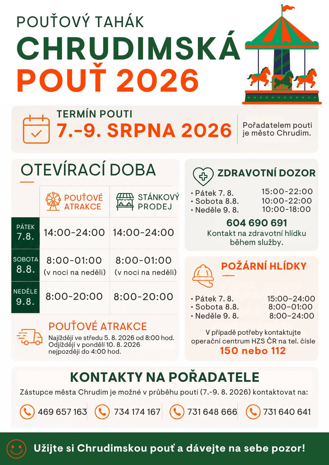 🎠SALVÁTORSKÁ POUŤ V CHRUDIMI 2026 už pomalu startuje!              Připravili jsme pro vás přehledný pouťový tahák, ve kterém najdete všechny důležité informace na jednom místě – termín konání, provozní dobu atrakcí a stánků 🎢, kontakty na pořadatele, zdravotní dozor 🚑i požární hlídky. 🚒     Doporučujeme si obrázek uložit do telefonu, ať máte všechny důležité informace během pouti vždy po ruce. 📲    Další informace k pouti najdete také na webu města Chrudim:  🛑Dopravní omezení během pouti: Dopravní omezení během tradiční kulturní akce „Chrudimská pouť 2026“ | Město Chrudim   🚗 Parkování během pouti: Parkoviště městského úřadu bude během Chrudimské pouti otevřeno veřejnosti | Město Chrudim         Přejeme vám krásnou a bezpečnou Chrudimskou pouť!🎡