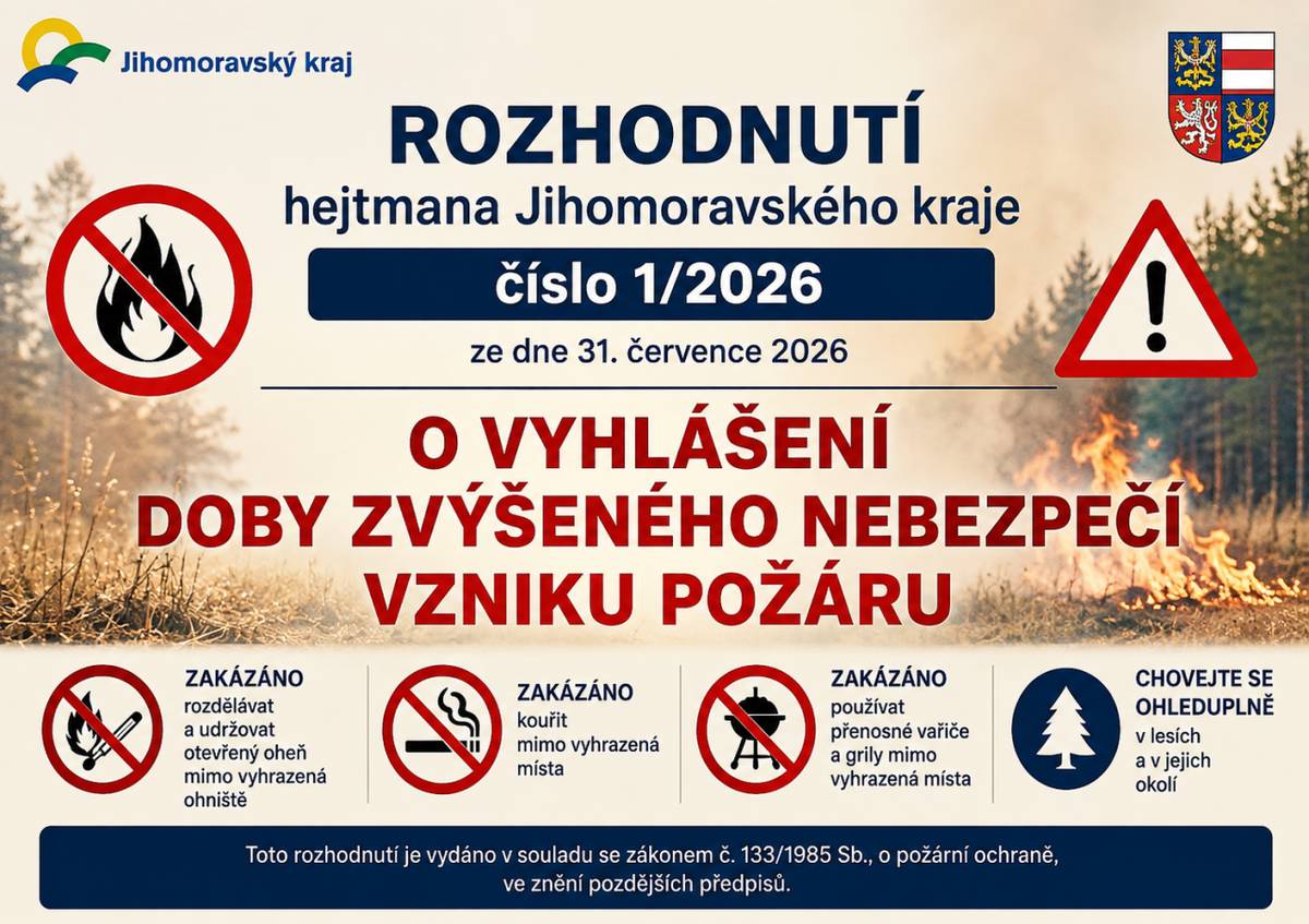ROZHODNUTÍ hejtmana Jihomoravského kraje číslo 1/2026 ze dne 31. července 2026 o vyhlášení doby zvýšeného nebezpečí vzniku požáru.