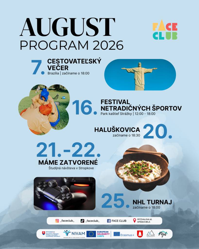 August bude patriť cestovaniu, športu, dobrému jedlu aj spoločným večerom. Čaká nás cestovateľský večer o Brazílii, Festival netradičných športov, tradičná Haluškovica aj NHL turnaj. 🤸 Najväčšou udalosťou mesiaca bude Festival...