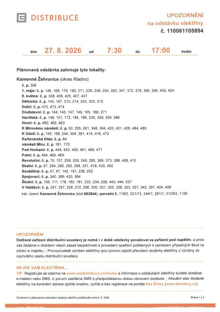 Odstávka elektrické energie dne 27.8.2026 od 7:30 do 17:00 hodin.