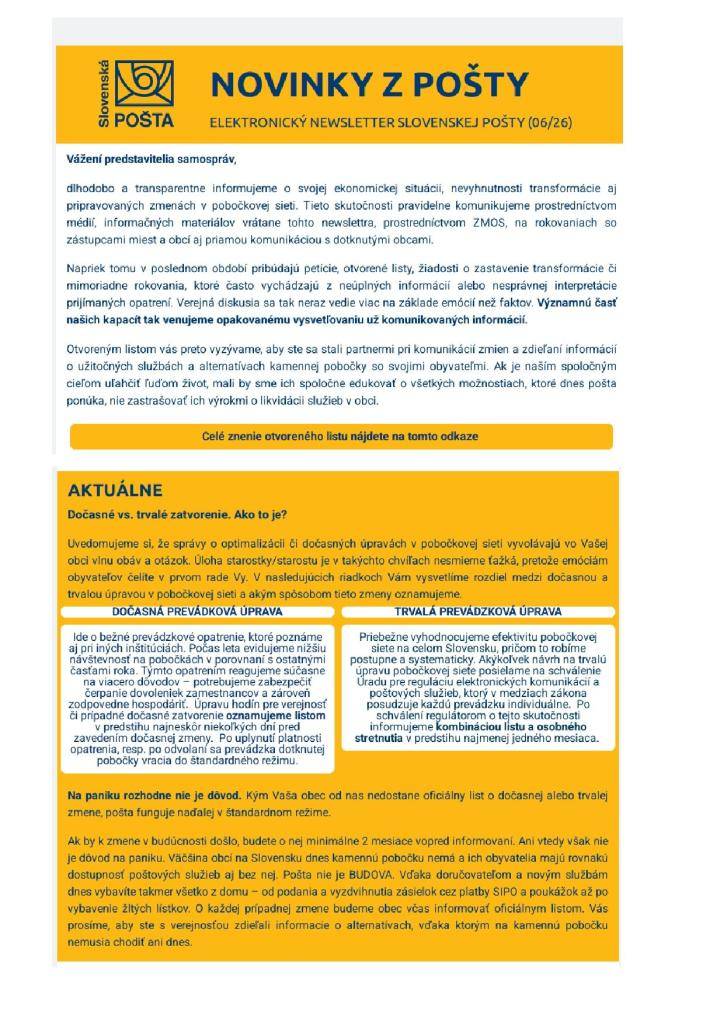 Informačný list od Slovenskej pošty